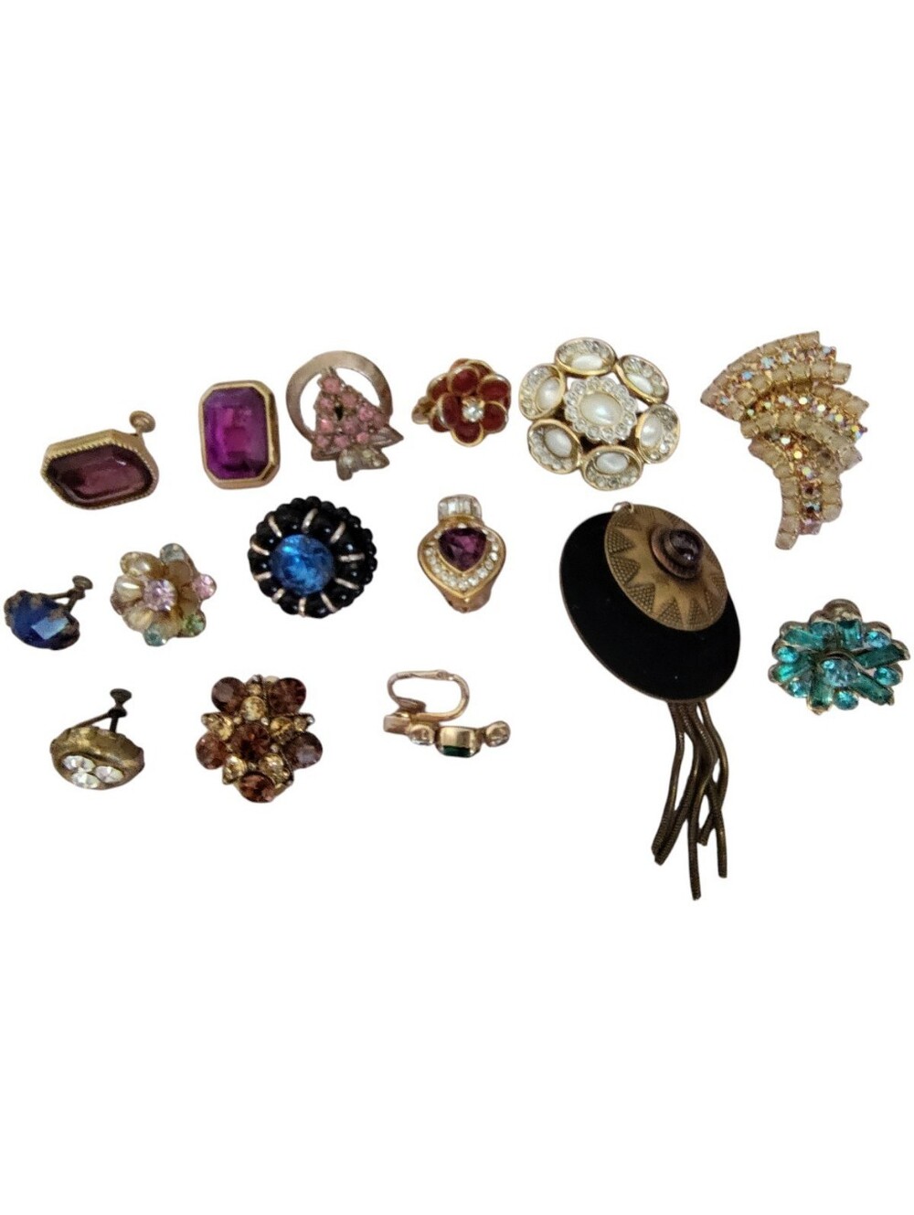 Vintage Gold Tone Clip On Earrings Lot Rhinestone Statement Costume Jewelry